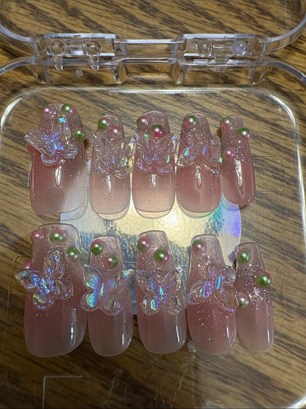Handcrafted Pink Glitter Press-On Nails with Iridescent Butterfly Accents